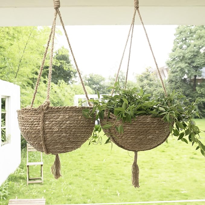 Natural Seagrass Hanging Planter Basket Set, Indoor Plant Pots, Boho Decor Plant Pot Cover, 12.4 (D) 6.3 (H) Inch, Pack 2 LaJol%C3%ADeMuse