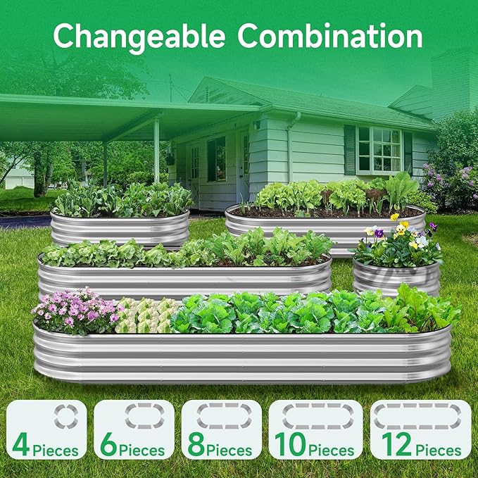 GreatBuddy Galvanized Raised Garden Bed 8×2×1ft, Easy Assembly Outdoor Metal Planter Boxes for Vegetables, Flower, Herb, Anti-Rust& Weather-Resistant, Oval, Silver GreatBuddy