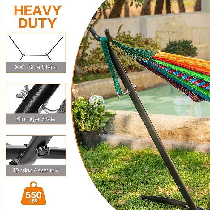PNAEUT Double Hammocks with Stand for Outside, Portable Space Saving Heavy-Duty Steel Stand for Indoor Outdoor Patio (Mayan Rainbow) PNAEUT
