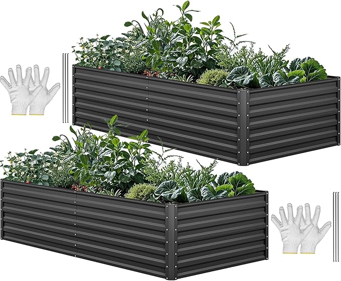 YITAHOME 8x4x2 ft 2pcs Galvanized Raised Garden Bed Kit, Large Metal Planter Box with Gloves, Safety Rubber & Support Rod, Outdoor Flower Bed for Plants Vegetables, Black YITAHOME