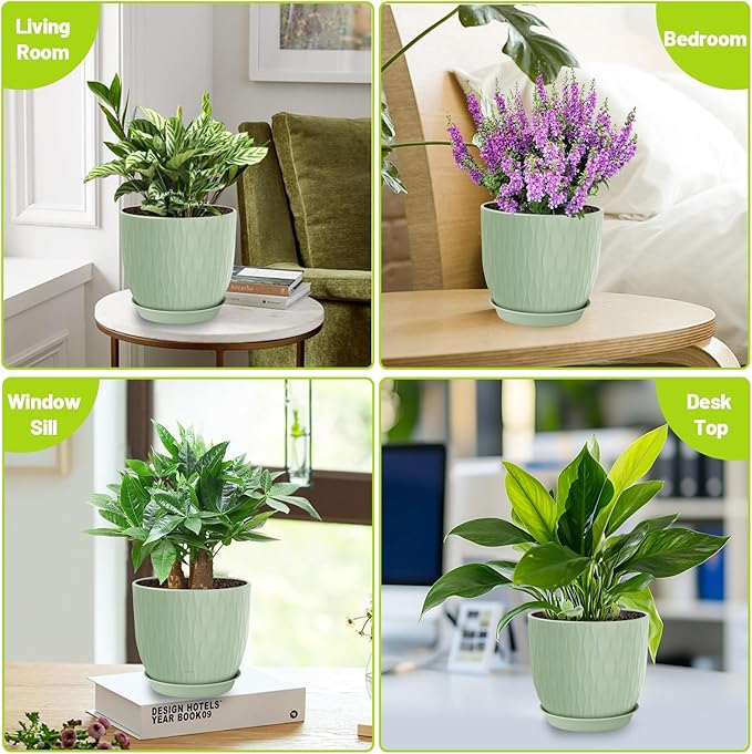Plastic Plant Pots 10/9/8/7.5/7 inch Set of 5, Flower Planters with Drainage Holes and Saucers, Plastic Pots for Indoor Outdoor Plants, Livingroom Garden Decor (Green) LesOasis