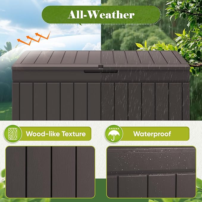 Flamaker Outdoor Storage Box 80 Gallon Resin Waterproof Deck Box Delivery Box with Wood Texture Large Storage Bin for Patio Cushions (Brown) Flamaker