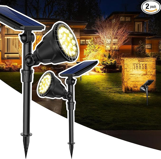 JSOT Solar Spot Lights Outdoor Waterproof, Outdoor Landscape Spotlights Flood Light for Pathway Path Driveway Backyard Decor 600 Lumen 18 LED Beads 2 Lighting Options(Warm White 2 Pack) JSOT