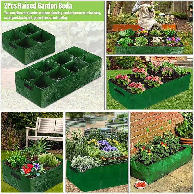 Fabric Raised Garden Bed, 2 Pack 8 Grids and 4 Grids, 128 Gallon Rectangle Grow Bags with Drainage Holes, Breathable PE Planting Containers for Outdoor Vegetables Fruits Flowers LifeisLuck