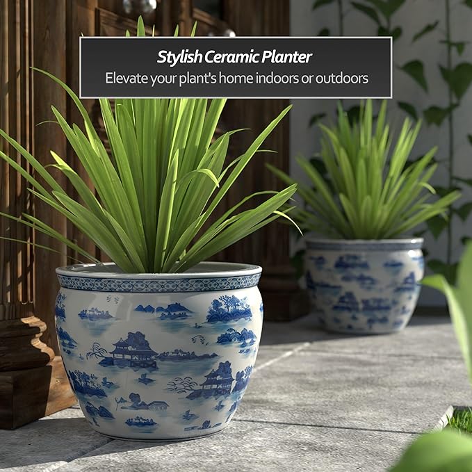 Red Lantern 16" Landscape Blue & White Porcelain Fishbowl Planter or Cachepot for Indoor/Outdoor Use in Garden Entryway Living Room Boho Eclectic Modern Contemporary Classic Traditional Style Decor RedLantern