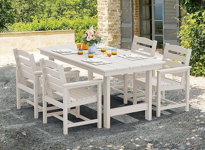 SERWALL Patio Table Set, Outdoor HDPE Dining Set with Umbrella Hole, 5-Piece - Table and 4 Chairs, All Weather for Lawn, Garden, Poolside, White SERWALL