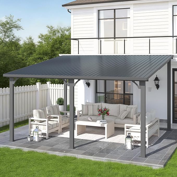 AECOJOY 12' x 14' Outdoor Hardtop Metal Gazebo for Patio, Large Lean to 14x12 Galvanized Steel Heavy Duty Wall Mounted Pergolas and Grill Gazebos Clearance, Patio Pergola Metal Roof Awnings for Decks AECOJOY
