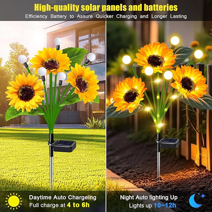 Solar Lights Outdoor Garden Decor,4 Pack Sunflower with Firefly Lights,Solar Flowers Lights Waterproof,Birthday Gifts for Mom Women Grandma,Outside Decorative Garden Stakes for Yard Patio Porch Lawn EDOF