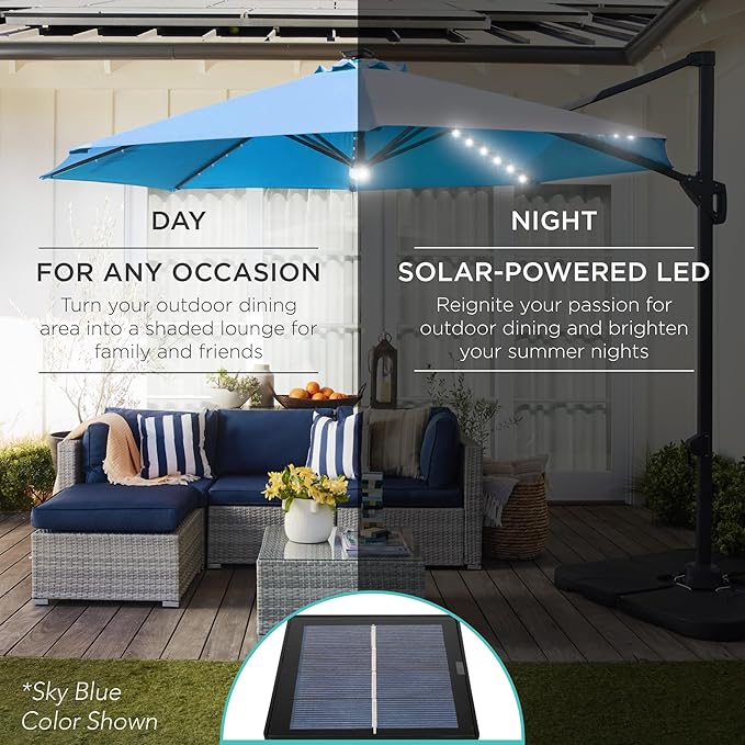 Best Choice Products 10ft Solar LED Cantilever Patio Umbrella, 360-Degree Rotation Hanging Offset Market Outdoor Sun Shade for Backyard, Deck, Poolside w/Lights, Easy Tilt, Cross Base BestChoiceProducts