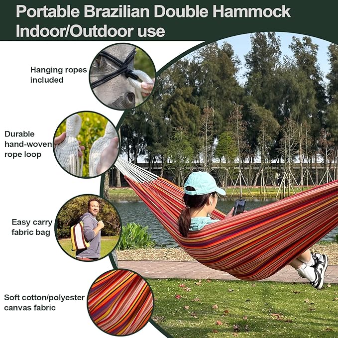 JoyView Brazilian Double Hammock with Hanging Ropes Extra Large 86.6x59” Portable Cotton Hammock for Patio Backyard Porch 450LBS Weight Capacity Perfect for Outdoor/Indoor - Blue & White Stripes JoyView