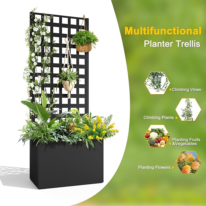 FENCY Metal Planter Box with Trellis, Planter Trellis for Climbing Plants Vegetable Vines, Trellis with Planter Box & Privacy Screen, Raised Garden Bed with Drainage Holes (23.6" L x 63" H/Lattice) FENCY