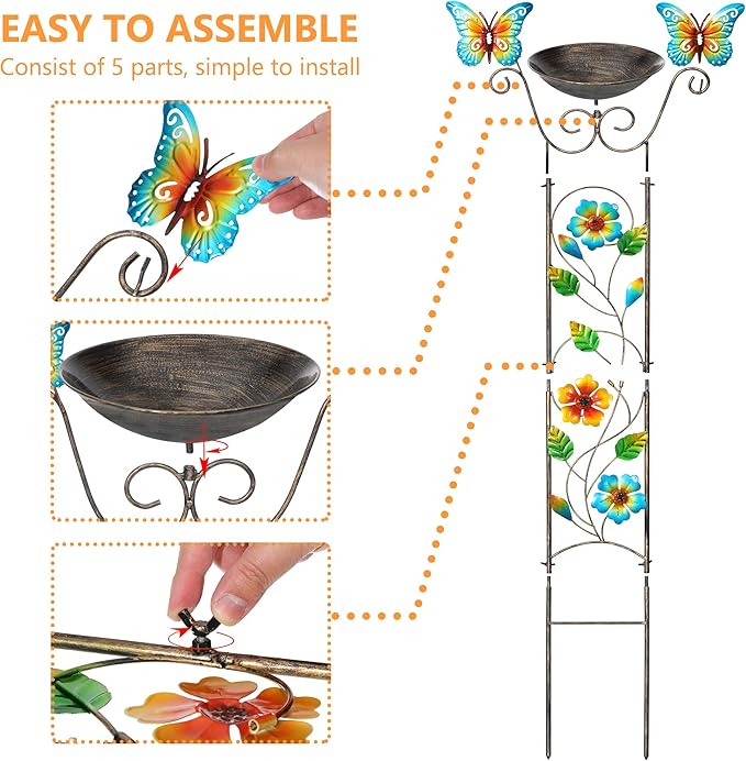 SUNNYPARK Bird Bath with Trellis Outdoor, Antique Garden Iron Plant Trellis with Decorative Floral-Butterflies Detachable Bird Bath Bowl Metal Potted Plants Support for Climbing Flowers SUNNYPARK