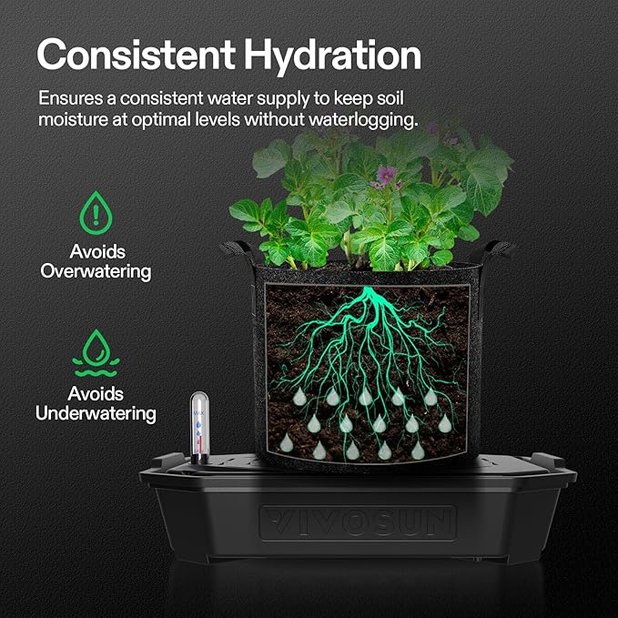 VIVOSUN 4-Pack FlexFeed Self-Watering Pots with Grow Bags, Auto Irrigation Fabric Pot Base with Water Meter & Maintenance Window, for Use Indoors/Outdoors in Grow Tents, Greenhouses, Gardens VIVOSUN