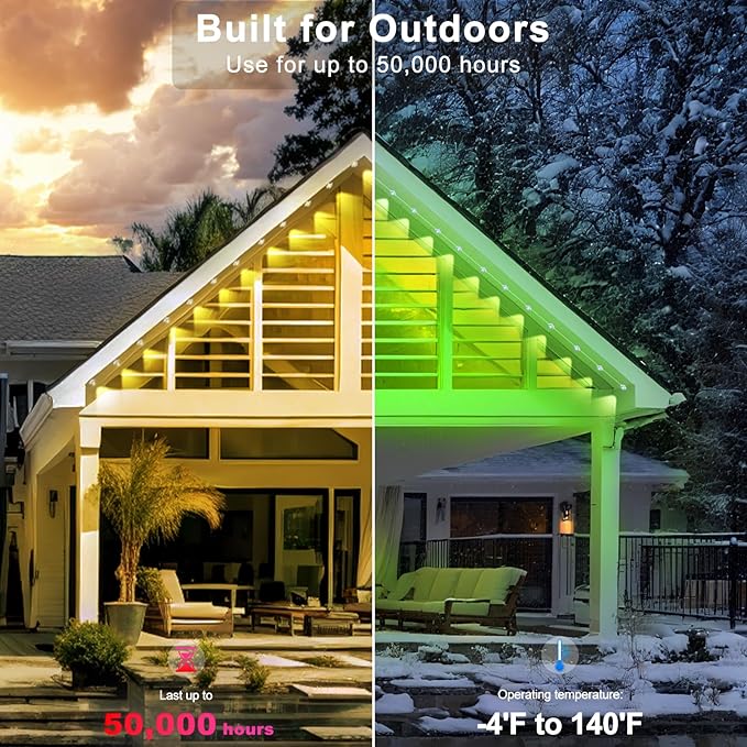 150FT Permanent Outdoor RGB Lights - Waterproof Smart LED Eaves Lights with App/Remote Control, Music Sync & DIY Scenes, Perfect for Christmas, Halloween, Parties & Daily Decor, Ideal for House Roof Rootora