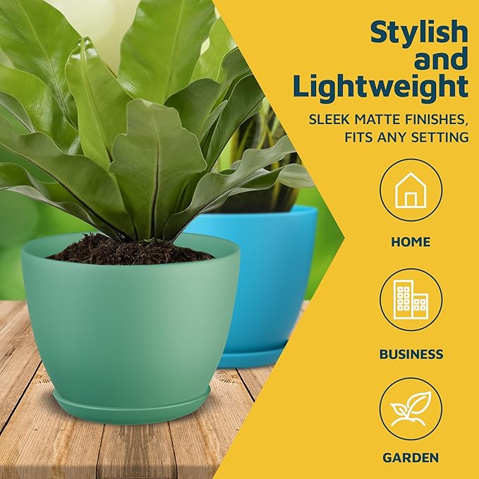 Multicolor Plant Pots with Drainage Holes & Saucers 5 Pack, Indoor & Outdoor Stackable Space-Saving Planters for Houseplants & Flowers, (7", 6.7", 6", 5.3", and 4.8" Inches), Durable & Weatherproof LIFEMASTER