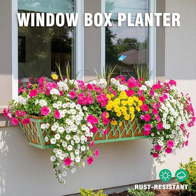 2 Pack 24 Inch Window Boxes Planters Railing Planter Box with Adjustable Brackets for Porch Fence Patio Balcony Hanging Flower Baskets with Coco Liners for Outdoor Garden Decor - Green KarlliuHOMEGARDEN