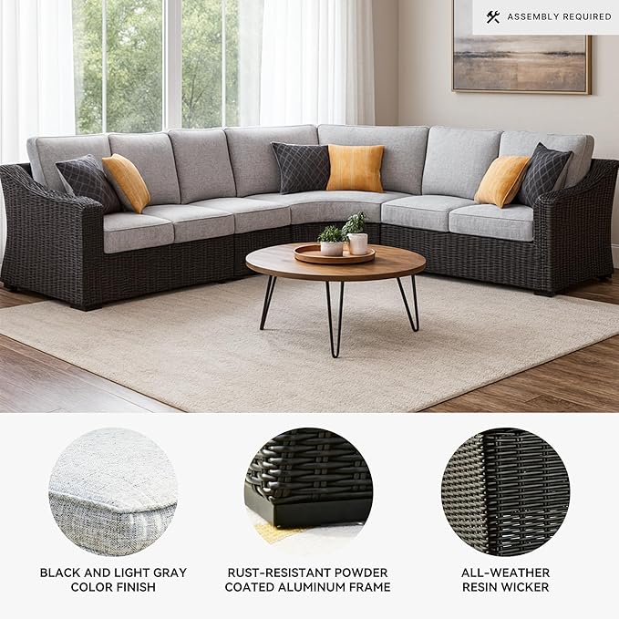 Signature Design by Ashley Beachcroft Curved Modern 4-Piece Outdoor Sectional with Cushion and 6 Throw Pillows, Light Gray SignatureDesignbyAshley