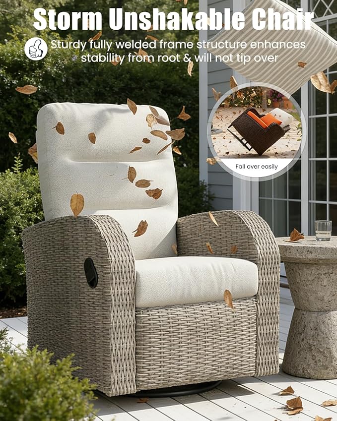 Outdoor Swivel Recliner Chair Set of 2, All-Weather Wicker Reclining Patio Chair with Adjustable Backrest and Footrest Vakollia