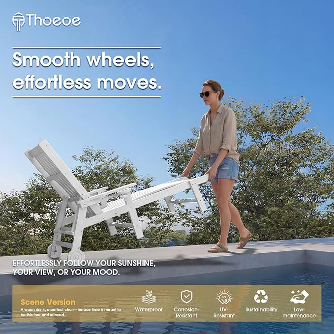 Patio Chaise Lounge Chair Set of 4, Oversized Lounge Chair Outdoor with 5 Positions, HDPE, Patio Lounge Chair with Wheels & Cup Holder for Pool, Deck, Poolside,White THOEOE