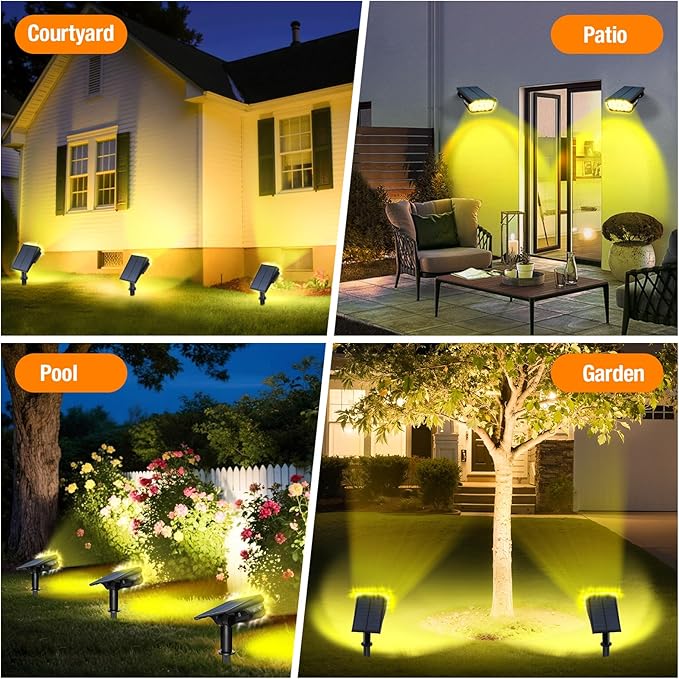 2 Pack Solar Spot Lights Outdoor 1000 Lumens, 64 LEDs IP67 Waterproof Landscape Lighting with 4 Modes - 2-in-1 Solar Spotlight & Pathway Light for Garden, Yard, Patio Decor, Warm White AOUNQ
