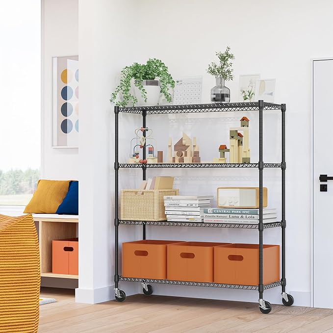 4 Tiers Storage Shelves Load 1400LBS, Metal Shelving Wire Metal Shelving Unit Shelves for Storage Adjustable Garage Shelving for Pantry Kitchen Garage Black 17.7" D x 47.3" W x 62.7" H MEIGAOPLASTICANDMETALHKCOLIMITED