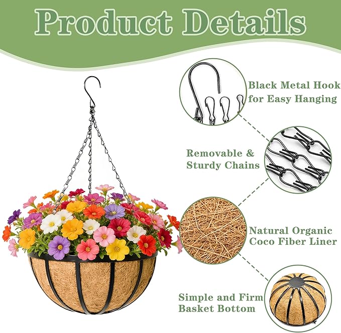Black Flat Iron Metal Hanging Planter Basket with Coco Coir Liner(2 Pack, 16 Inch) Hanging Planters for Outdoor Plants Round Plant Flower Pots Hanging Flower Basket for Outdoor Patio Garden Decoration EIMQUVW