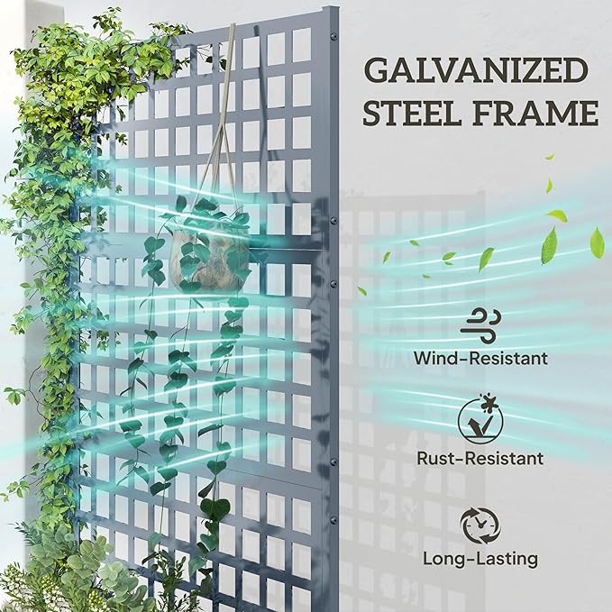 Outsunny Galvanized Raised Garden Bed with Trellis, Metal Planter Box with Drainage Holes, Outdoor Privacy Screen for Climbing Plants, Vegetable, Vines, 43" x 16" x 70", 2 Pack, Gray Wood Effect Outsunny