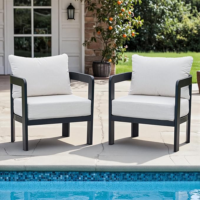 Outdoor Furniture Set, 2Pcs Patio Armchairs, Metal Modern Outside Furniture with 6'' Thick Cushions, Outdoor Conversation Set Balcony Chairs for Backyard, Porch,Deck, White COMLAXFIELD