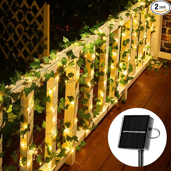 Brightown Solar Fairy Lights Outdoor, 2 Packs Total 66Ft Solar String Lights with Ivy, Plant Vine for Camping Outside Garden Yard Fence Wall Brightown