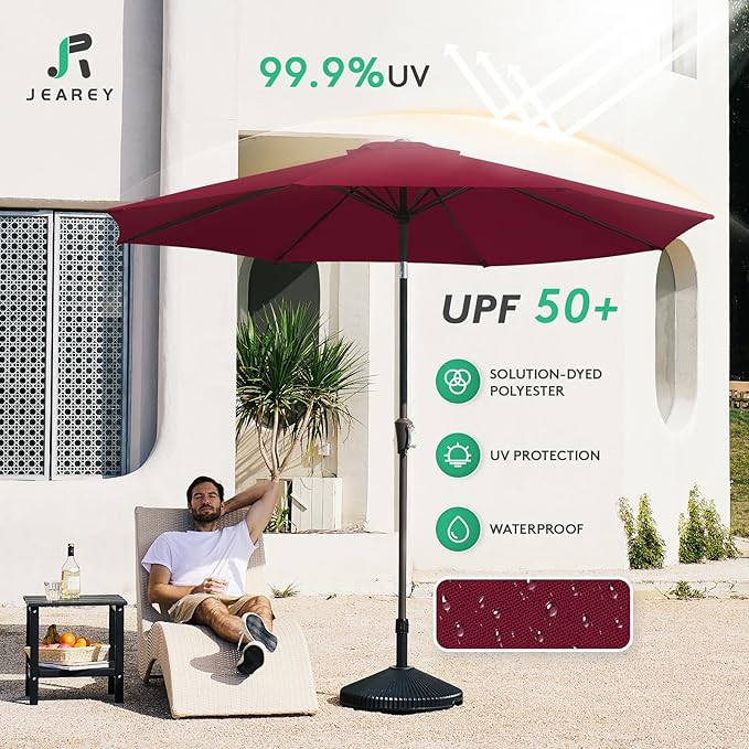 JEAREY 9FT Outdoor Patio Umbrella Outdoor Table Umbrella with Push Button Tilt and Crank, Market Umbrella 8 Sturdy Ribs UV Protection Waterproof for Garden, Deck, Backyard, Pool (Brick Red) JEAREYOutdoorsCollection