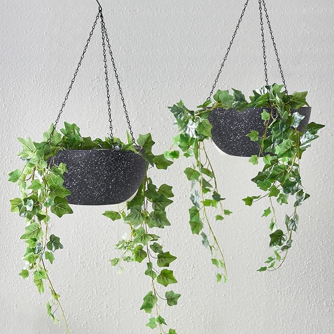 WOUSIWER 13 inch 2Pack Large Hanging Planters for Outdoor Indoor Plants with Drainage Holes and Chain, Round Hanging Flower Pots for Garden Home Porch Decor, Black Speckles WOUSIWER