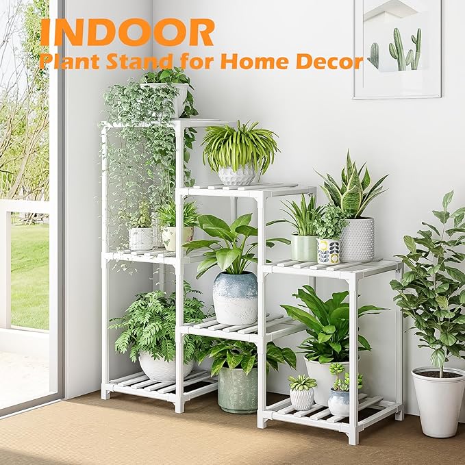 Bamworld Indoor Plant Stand Outdoor White Shelf Bamboo Plant Table for Multiple Plants 3 Tiers 7 Pots Ladder Holder Pot Window Garden Balcony Living Room Bamworld