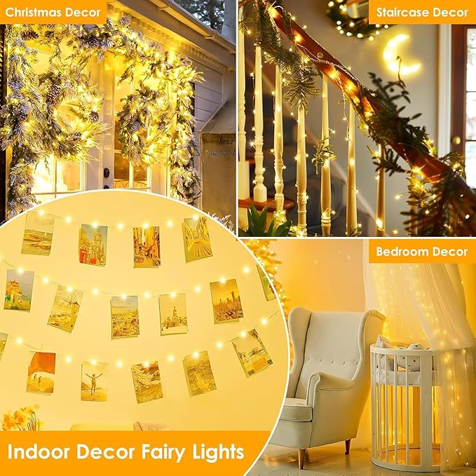33Ft 100LED Fairy Lights Plug in, Waterproof String Lights Outdoor & Indoor 8 Modes with Timer, Christmas Light Bedroom Decor, Twinkle Light for Girl's Room Garden Christmas Decorations (Warm White) BHCLIGHT