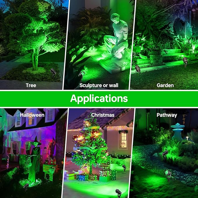Green Outdoor LED Spot Lights for Yard & Garden – 12W Landscape Lighting, Christmas & Holiday Decor, Adjustable Beam,4Pack Qeeanmo