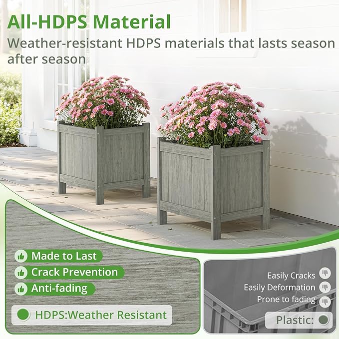 LUE BONA Outdoor Plant Pots, 13.7" x 12.5" x 14.5" HDPS Flower Pots with Drainage Holes, Outdoor Planters Boxes for Outdoor Plants - Porch Patio, Garden or Entryway, Light Gray-Oil Printed LUEBONA