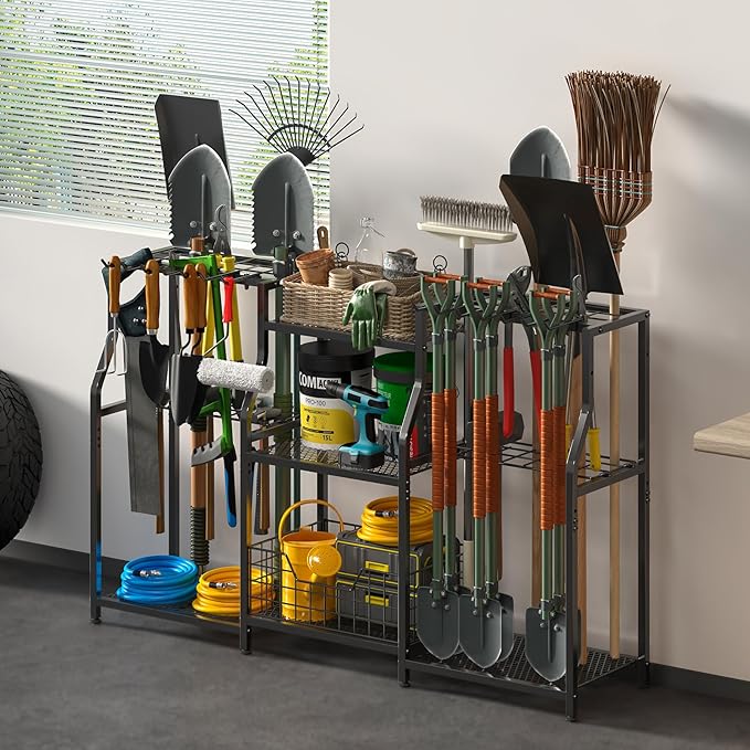 keomaisyto Garden Tool Organizer, Heavy Duty Yard Tool Tower Rack for Garage Organization and Storage, 3 Tier Utility Garden Tool Rack with hooks for Garden/Shed/Garage/Yard/Basement/Lawn keomaisyto