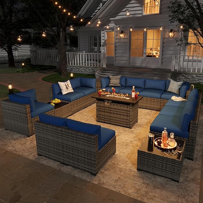 Aoxun Patio Furniture Sets, 15-Piece Outdoor Patio Furniture with 44'' Propane Gas Firepit Table, Wicker Outdoor Conversation Set Sectional Sofa for Backyard, Poolside, Garden Aoxun