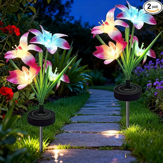 Upgraded Solar Garden Lights, 2 Pack Outdoor Solar Lights, New Round Panel for 40-Hour Runtime, Serve as Outdoor & Indoor Decor, 7-Color Changing Flower Lights, Waterproof for Patio Yard Decoration Rootora