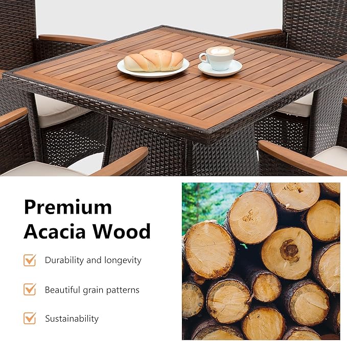 Wisteria Lane Patio Outdoor Table and Chairs Set, Rattan Outdoor Patio Furniture Set with Removable Cushions, Outdoor Patio Dining Sets with Acacia Wood Tabletop for Deck Garden Backyard, Brown WisteriaLane