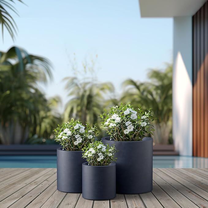 Kante 9.8",12.6",15.7" Dia Round Concrete Planter Set of 3, Modern Style Large Cylindrical Plant Pot with Drainage Hole and Rubber Plug for Indoor Outdoor Patio, Dark Gray Kante