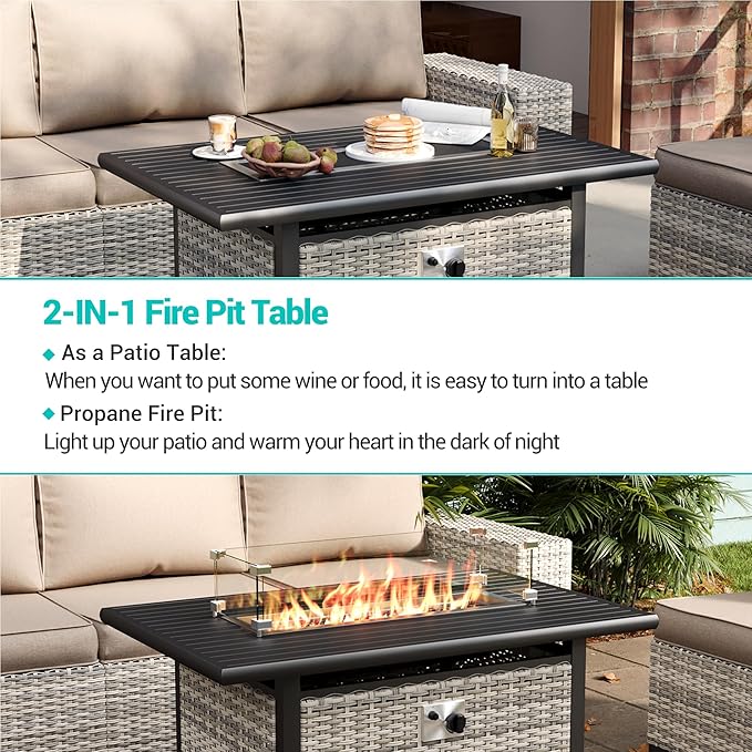 13-Piece Outdoor Patio Furniture Set with 55,000 BTU Fire Pit Table, PE Wicker Rattan Sectional Sofa Patio Conversation Set with Thickened Cushions & Coffee Table, Beige MuphyersPatioFurniture