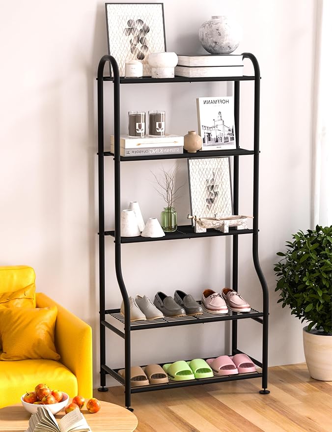 5-Tier Metal Plant Stand Indoor Outdoor, Waterproof Flower Stand for Multiple Pots, Heavy Duty Plant Stands for Living Room Patio Garden Decor, Tall Plant Shelf with Leveling Feet, Black Yutrchey