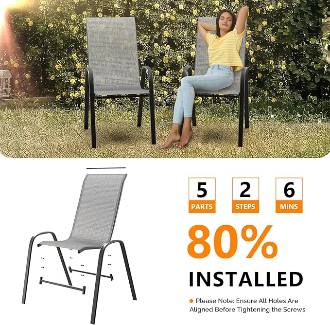 VINGLI Patio Chairs Set of 8 – Stackable Outdoor Dining Chairs with Comfortable Sling High Back Chairs and Armrests for Lawn, Poolside, Courtyard, Balcony, Garden, Silver Gray VINGLI