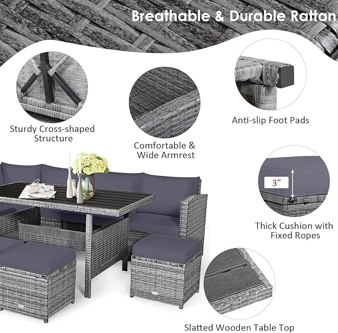 Tangkula 7 Pieces Patio Furniture Set, Outdoor Sectional Rattan Dining Sofa Set with Cushions, All Weather Wicker Conversation Couch Set with Dining Table & Ottomans for Yard Garden Poolside, Grey TANGKULA