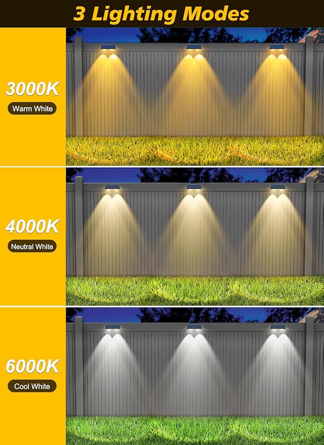 Solar Fence Lights Outdoor - 3000K/4000K/6000K 3 Color Modes, IP65 Waterproof Fence Lights Solar Powered Outdoor, Solar Powered Wall Light for Outside Porch Step Wall Stair Patio Yard (12 Pack) CREPOW