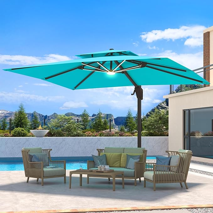 10 X 13 FT Cantilever Patio Umbrella with LED Lights Outdoor Heavy Duty Double Top Windproof Rectangle Offset Umbrellas with 360-degree Rotation for Pool Deck Backyard, Turquoise Ombrellon