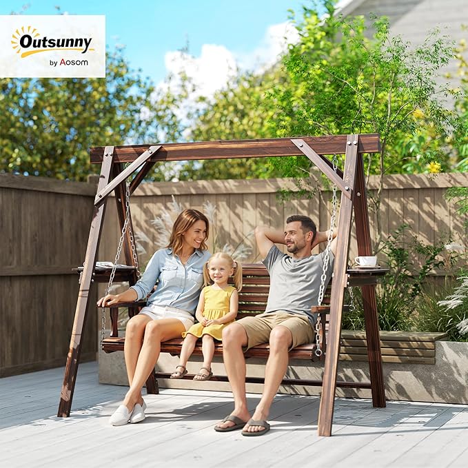 Outsunny 3 Seat Porch Swing with Stand, Wooden Patio Swing Chair with Side Tables and Metal Chains, Outdoor Swing Bench for Garden, Poolside, Backyard, Carbonized Brown Outsunny