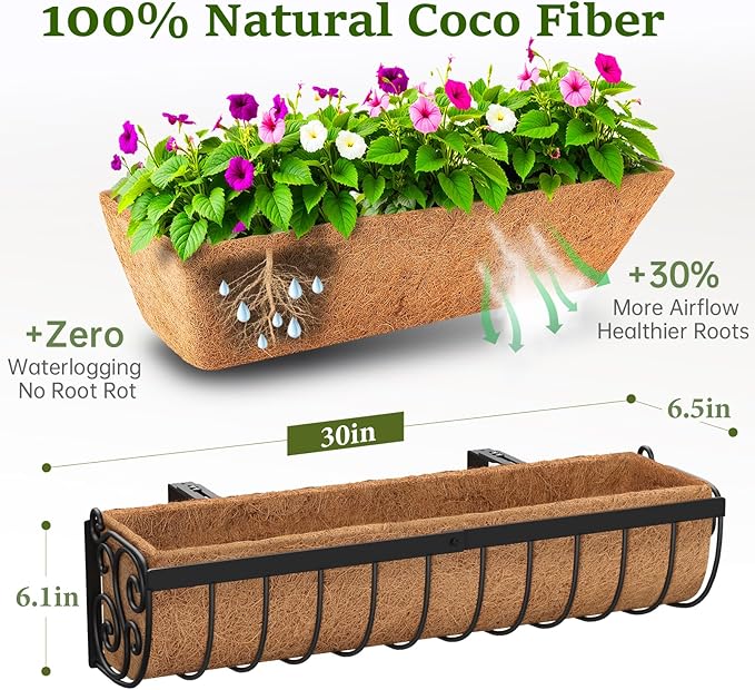 Railing Planter Boxes, 30 Inch Window Boxes Planters, Balcony Planters with Adjustable Brackets & Coco Liner & Support Rod for Outdoor Fence, Deck, Porch, and Patio Gardening, 2 Pack VOXOR