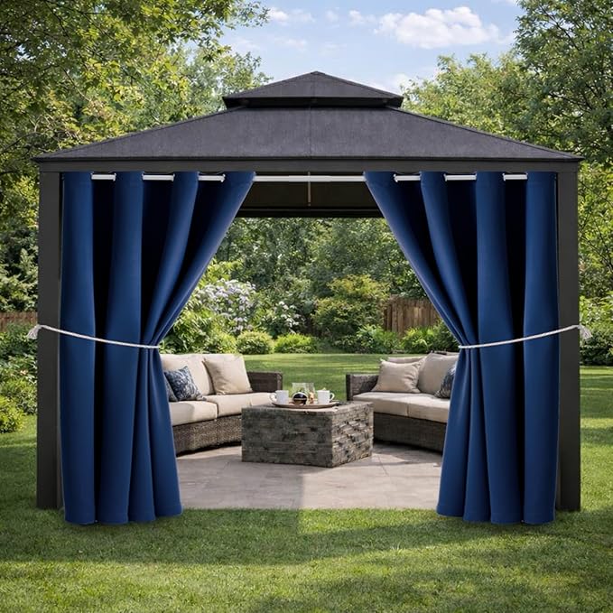 Water Proof Outside Curtains with Grommet Top for Porch, W52 x L120 Thermal Insulated Washable Light Block Outdoor Divider Drapes for Patio Gazebo Deck Pool Area Pergola Cabana (Navy, 2 Panels) DivaenCamino