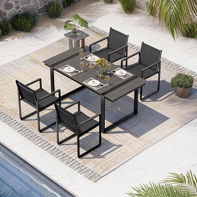 Outdoor Table and Chairs of 4, Patio Dining Sets, HDPS + Aluminum Outdoor Furniture Set with Umbrella Hole, Patio Dining Table Set (Charcoal) Oasbira